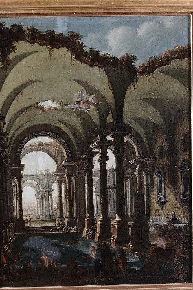 Capriccio architettonico con figure e angelo